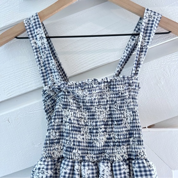 American Eagle Smocked Cross Back Mini Babydoll Dress Blue Floral Gingham XS - Picture 3 of 5